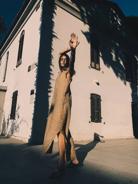 Beautiful Young Woman Dress Posing House Wall Stock Photo