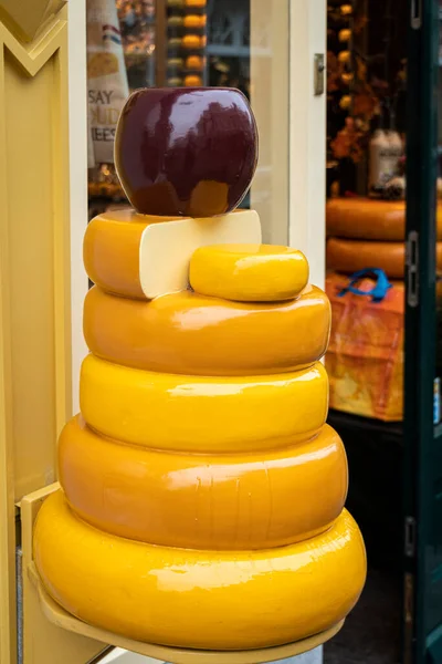 Display of artificial cheese outside a cheese shop in the city of Gouda, Netherlands