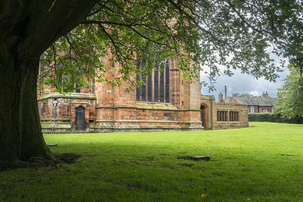 Pohled Katedrálu Zpod Velkého Stromu Městě Carlisle Cumbria Velká Británie — Stock fotografie