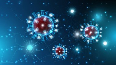 Soyut renkli bir arkaplanda Coronavirus hücrelerinin tasviri. Salgın, salgın, karantina, virüs aşısı.