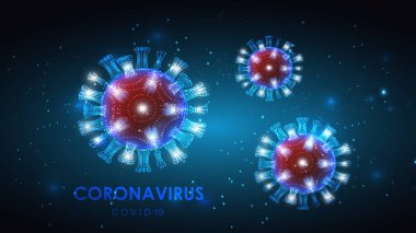 Soyut renkli bir arkaplanda Coronavirus hücrelerinin tasviri. Salgın, salgın, karantina, virüs aşısı.