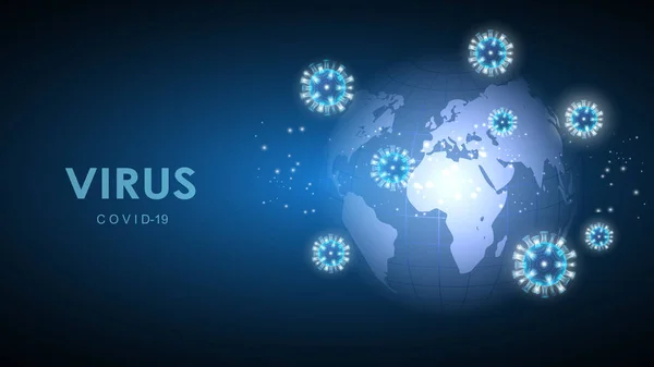 Ілюстрація клітин коронавірусу на тлі планети Земля. Епідемія, пандемія, медицина, вірусна вакцина . — стокове фото
