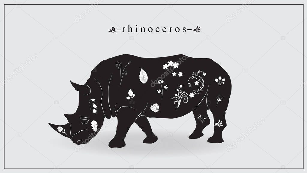 Vector illustration of black rhinoceros with white flowers and plants. EPS 10.