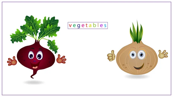Gözleri, ağızları ve elleri olan renkli sebzelerin vektör çizimi. Pancar, soğan. EPS 10. — Stok Vektör