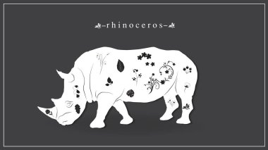 Çiçekli ve bitkili beyaz gergedanın vektör çizimi. EPS 10.