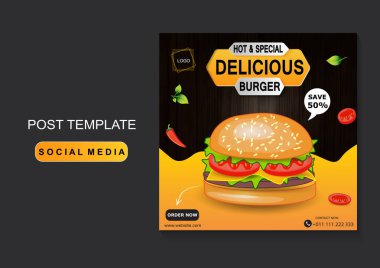 Fast food sosyal medya ve internet tanıtım şablonu. Reklamcılık, reklam afişi, ürün pazarlama. EPS 10.