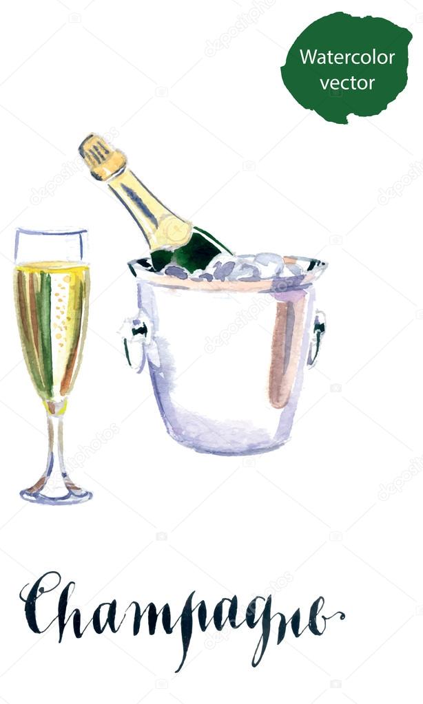 Champagne bottle in bucket with ice and glass of champagne