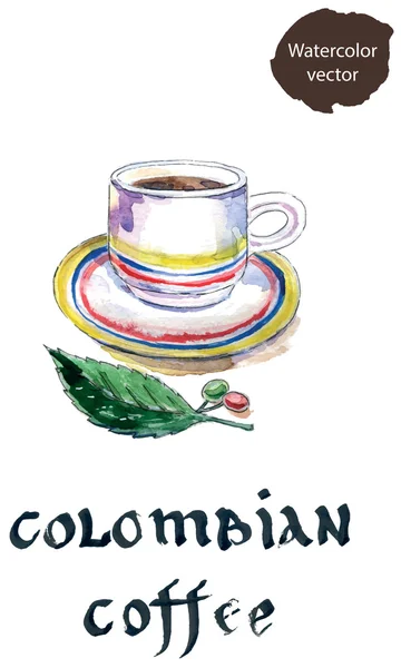 Tasse de café colombien avec grains de café et feuille — Image vectorielle