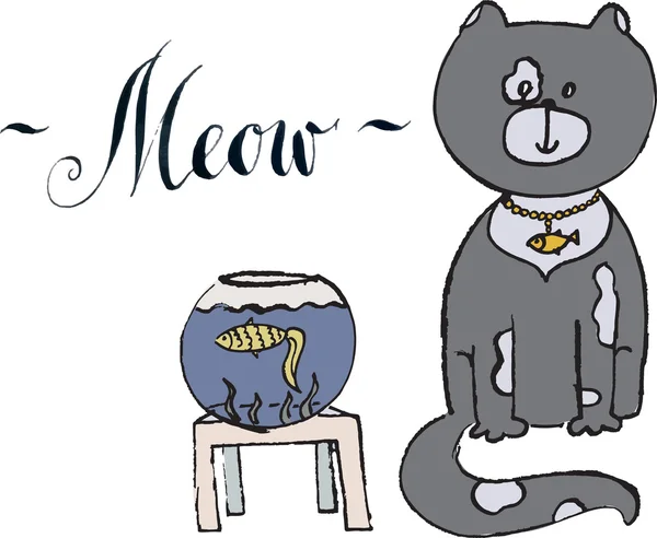 Meow, gato gris con peces de oro — Vector de stock