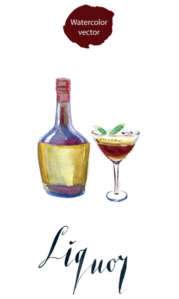 Бутылка и коктейльный бокал ликера
