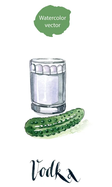 Vaso de vodka ruso, pepino en escabeche (ligeramente salado ) — Vector de stock