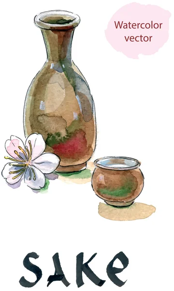 Sake, "saki" botella y taza, licor japonés — Vector de stock