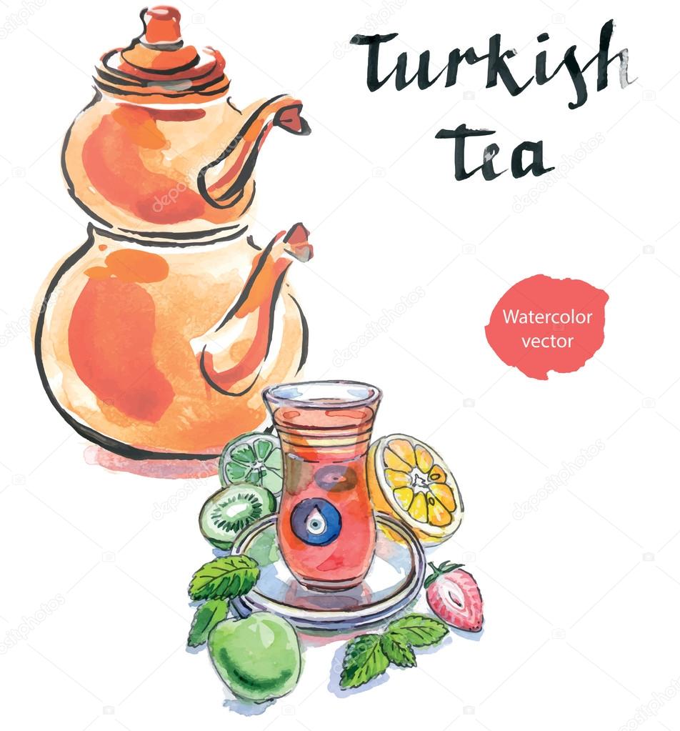 Watercolor turkish tea with turkish kettle