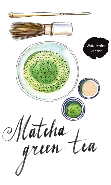 Gemalen Japanse "Matcha" groene thee met bamboe lepel, klop fo — Stockvector