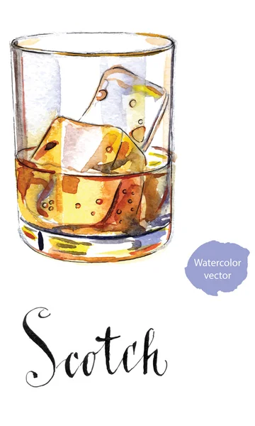 Copa de whisky escocés brandy con cubitos de hielo — Vector de stock