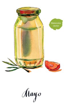 Mayonez cam yeşil kapak ve dilimlenmiş domates ile