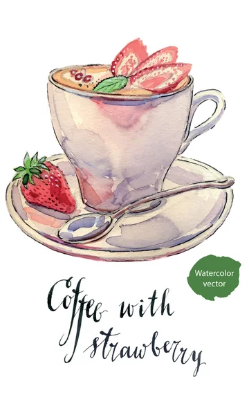 Taza de café con leche, menta y fresas frescas — Archivo Imágenes Vectoriales