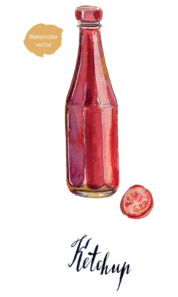 Hagyományos üveg paradicsom ketchup és érett paradicsom — Stock Vector