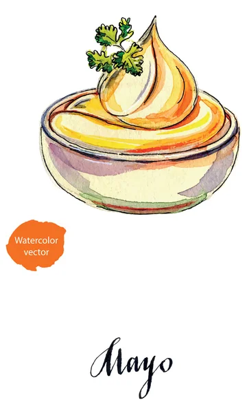 Pequeña olla de mayonesa con perejil — Vector de stock