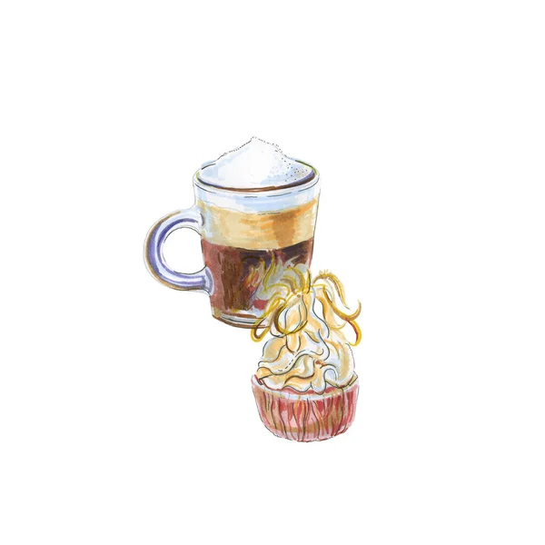 ガラスのウォーターカラーコーヒーエスプレッソ クリームとピンクのカップケーキ — ストック写真