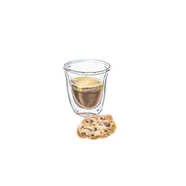 Watercolor Italian Coffee Ristretto Highly Concentrated Espresso Coffee Cookie Biscuit — Stock Photo, Image