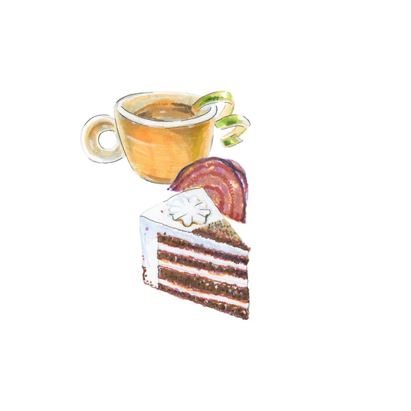 Aquarell Kaffee Espresso Romano Mit Limette Zitrone Rotem Samtkuchen — Stockfoto