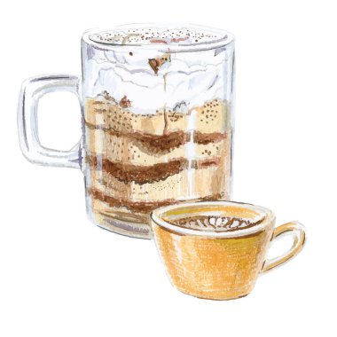 Bardakta suluboya kahve espresso, bardakta buzlu kek, vektör illüstrasyonu.