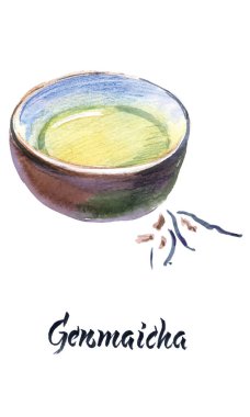 Suluboya çizimi, Japon çayı, Genmaicha çayı, vektör illüstrasyonu