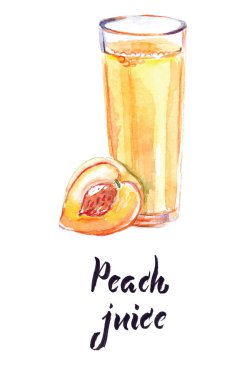 Suluboya illüstrasyon, cam şeftali suyu, dilimlenmiş şeftali meyvesi, vektör illüstrasyonu.