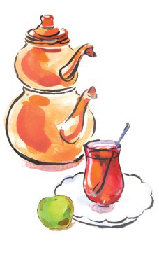 Suluboya el çizimi Türk çaydanlığı, illüstrasyon, vektör çizimi