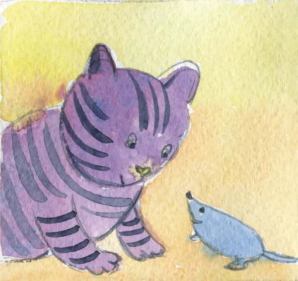 Kinderillustration Aquarell Freundschaft Von Katz Und Maus Vektorillustration — Stockvektor