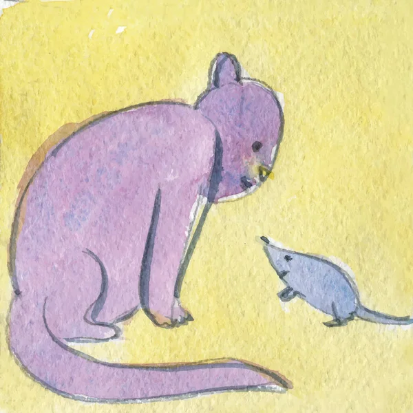 Ilustración Niños Acuarela Amistad Gato Ratón Ilustración Vectorial — Archivo Imágenes Vectoriales