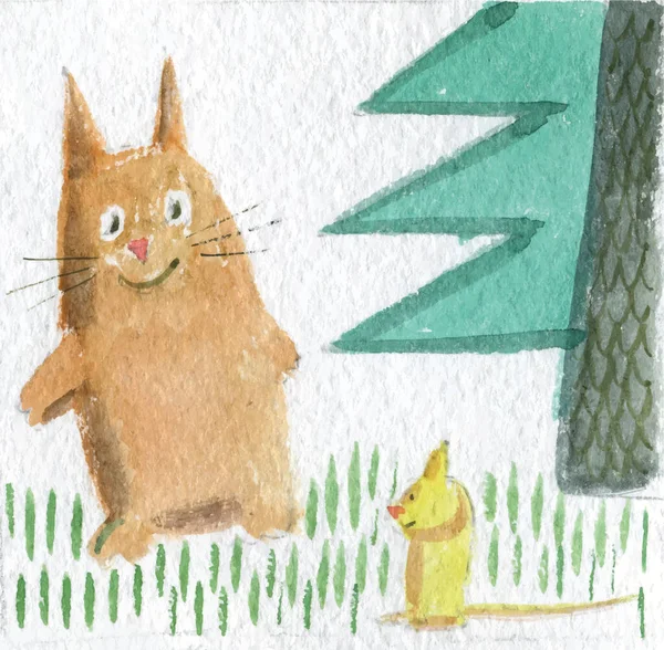 Παιδική Απεικόνιση Ακουαρέλα Φιλία Γάτας Και Ποντικιού Διανυσματική Απεικόνιση — Διανυσματικό Αρχείο