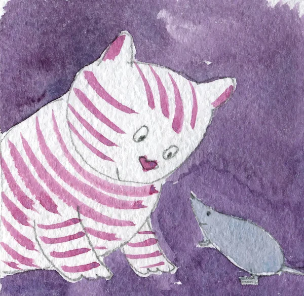 Kinderillustration Aquarell Freundschaft Von Katz Und Maus Vektorillustration — Stockvektor