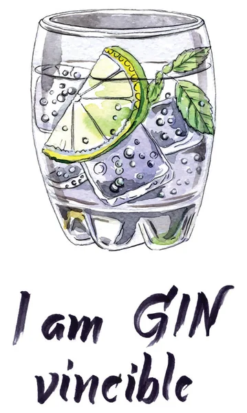 Ich Bin Unbesiegbar Glas Gin Tonic Handgezeichnet Aquarell Illustration Vektorillustration — Stockvektor