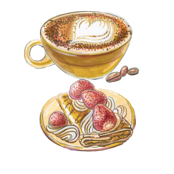 Café Acuarela Marochino Pastel Postre Francés Delices Paris Ilustración Vectorial — Vector de stock