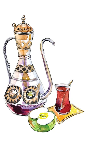 Antique Turkish Teapot Cup Tea Cutting Apple Watercolor Illustration Vector — Stock Vector