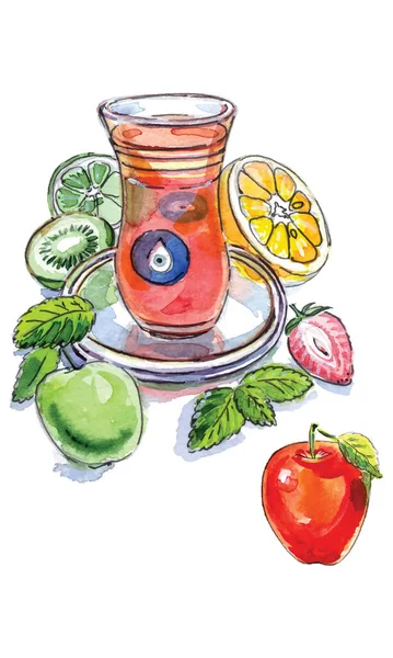 Турецкий Яблочный Чай Традиционной Стеклянной Чашке Свежими Фруктами Лимонным Бальзамом — стоковый вектор