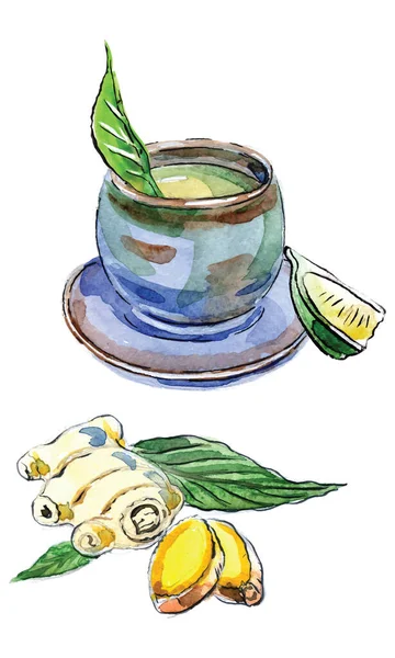 Aquarelle Dessinée Main Tasse Thé Gingembre Citron Illustration Vectorielle — Image vectorielle