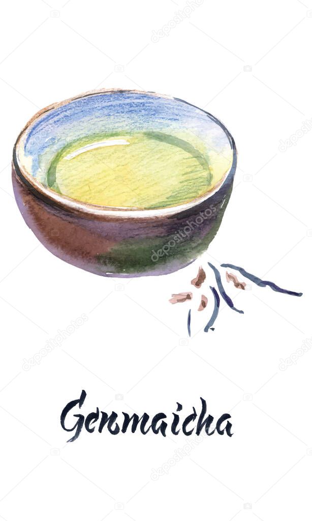 Watercolor illustration, Japanese tea, Genmaicha tea, vector illustration
