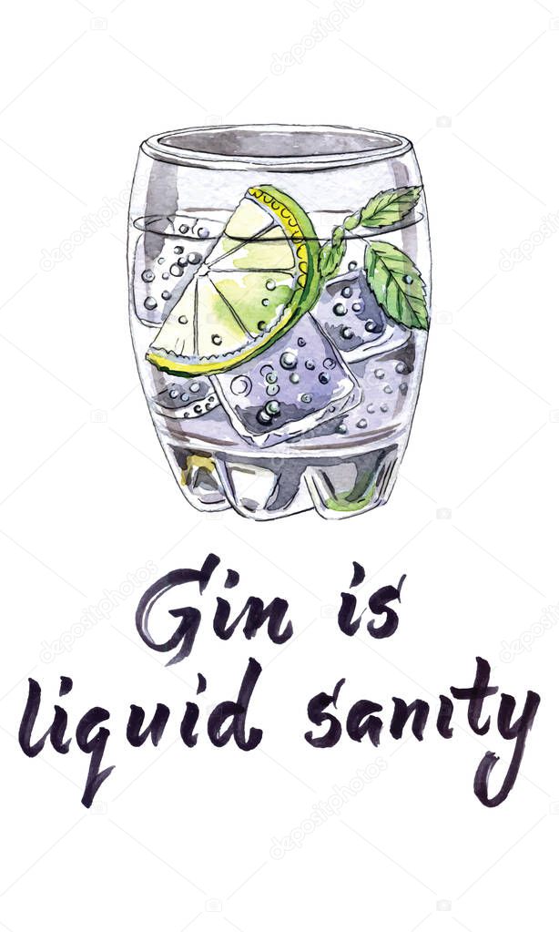 Gin and tonic therapy, glass of gin and tonic, hand drawn, watercolor Illustration, vector illustration