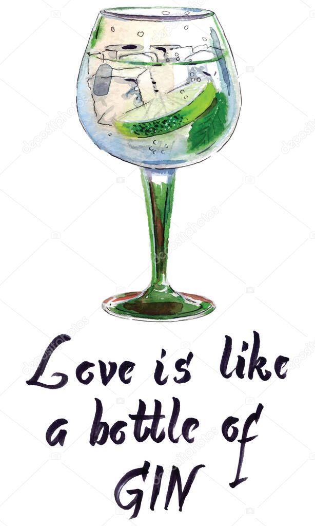 Love is like a bottle of gin, Gin with ice and lime slice, watercolor, hand drawn Illustration, vector illustration
