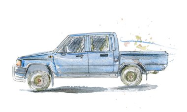 Mavi renkli retro arabanın suluboya çizimi