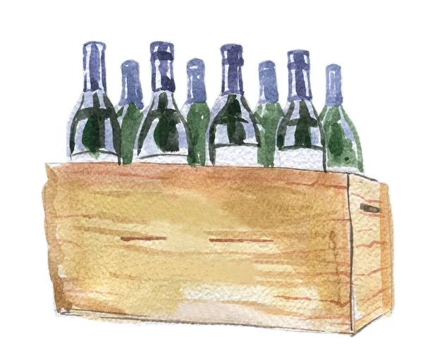 Ilustración Acuarela Caja Vino Madera Ilustración Dibujada Mano —  Fotos de Stock