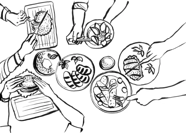 家人或朋友的晚餐 手绘插图 — 图库照片