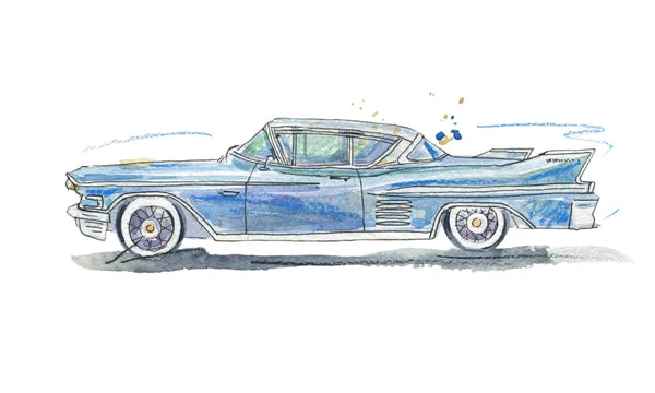 Watercolor Illustration Retro Car Blue Color — Stock Photo, Image