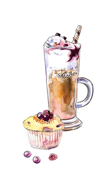 Sütlü Kahvenin Suluboya Çizimi Çilekli Kek Yabanmersini — Stok fotoğraf