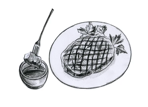 Illustrazione Disegnata Mano Carne Piatto Con Foglie Prezzemolo Salsiccia Pezzo — Foto Stock