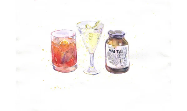 Akvarell Illusztráció Italok Martini Negroni Mai Tai — Stock Fotó
