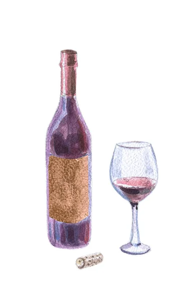 Ilustração Aquarela Garrafas Vinho Cálice Cortiça — Fotografia de Stock